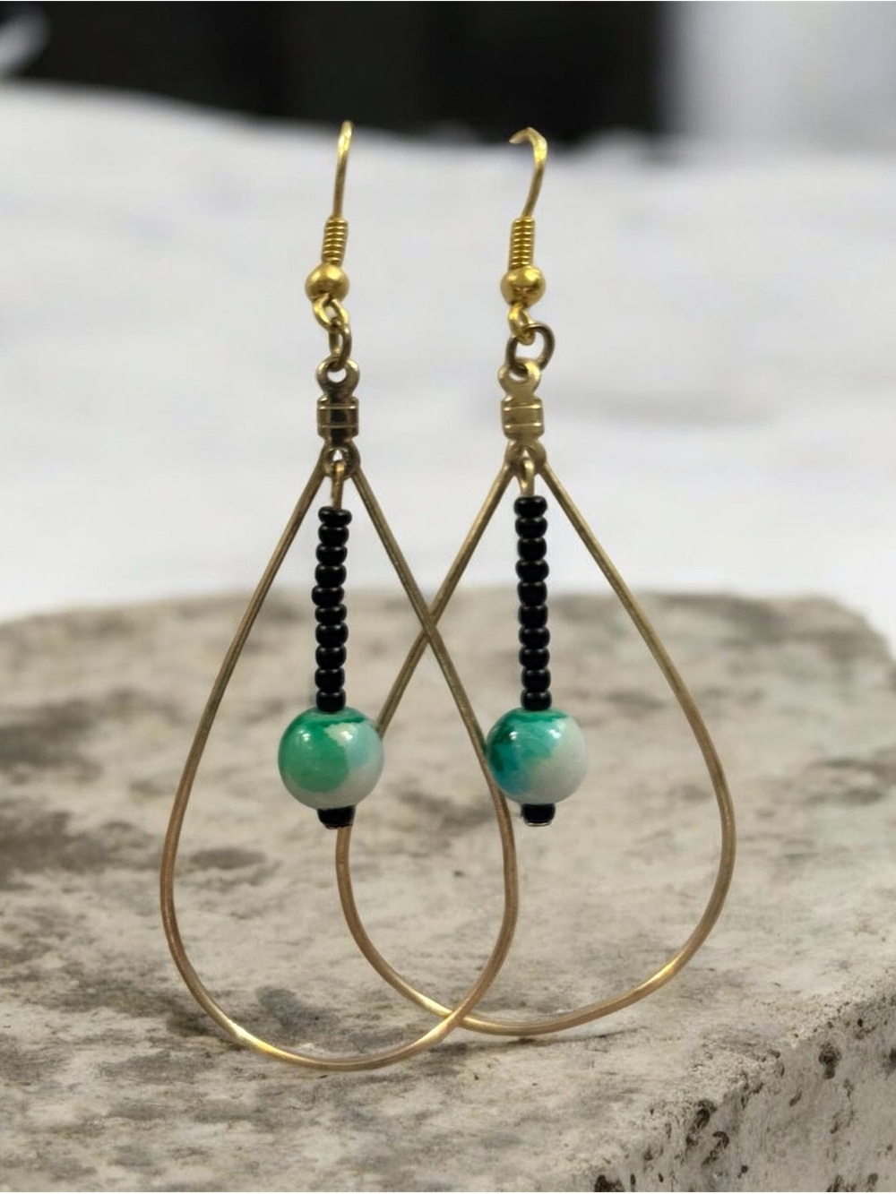 Gold Teardrop Earrings with Green Bead Accent - Unbranded